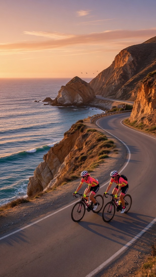 Two cyclists riding a coastal road at sunset