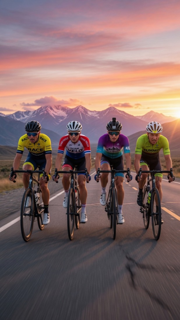 Group of cyclists riding together at sunrise