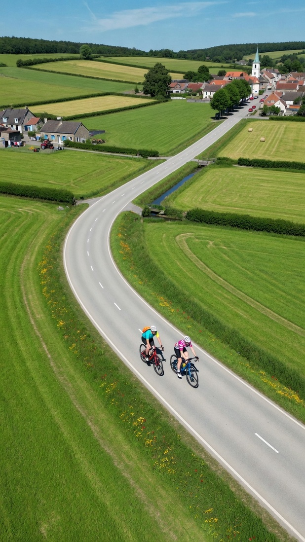 Aerial view of cyclists on a winding country road
